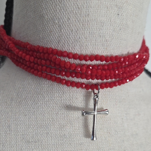 Red Beaded Choker With Silver Cross Pendant - Picture 5 of 6